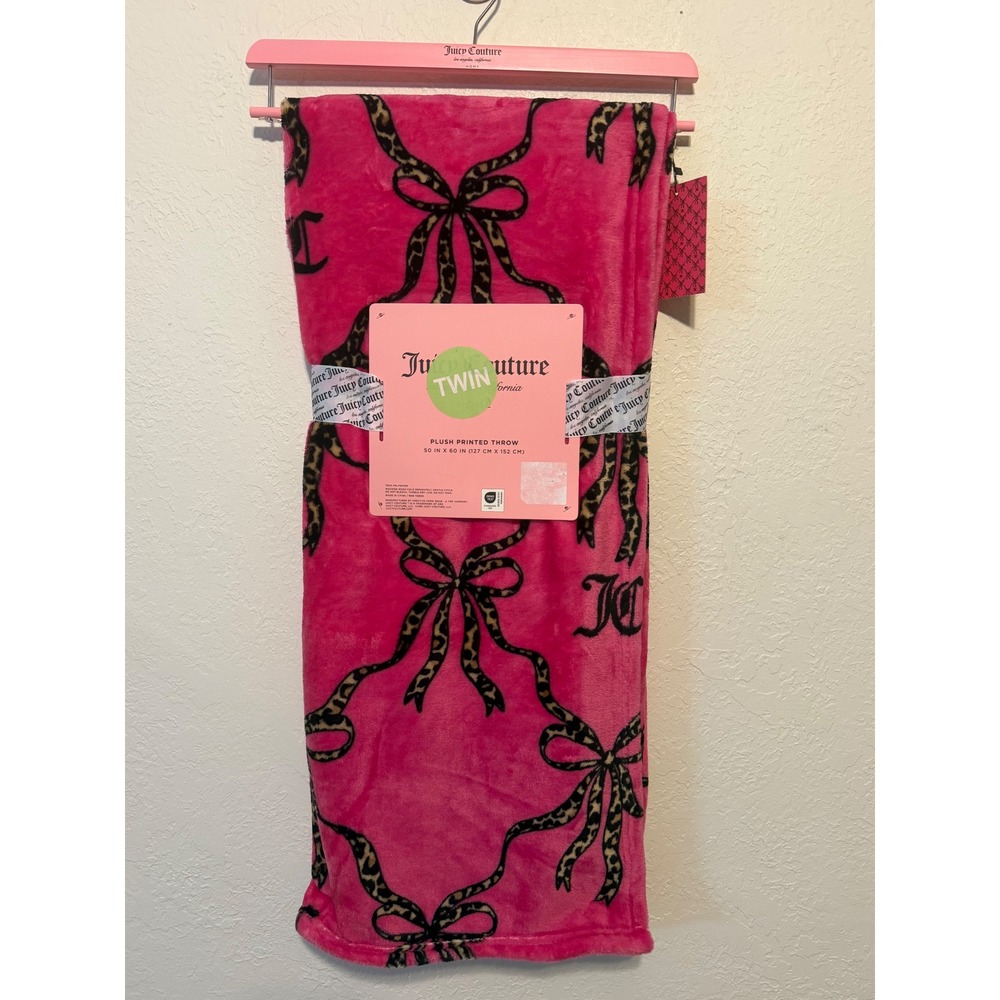 Juicy Couture Pink Leopard Bow Plush Printed Throw Blanket 50x60 Twin NWT